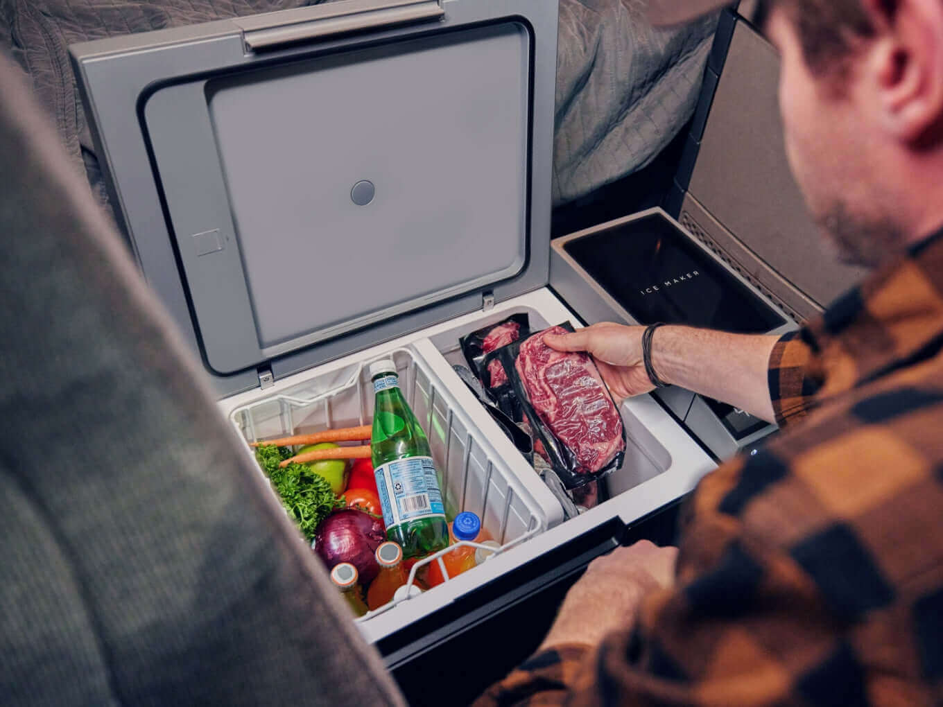 EcoFlow GLACIER Portable Fridge/Freezer with ice maker in use, loaded with food. Available at Cabin Depot.