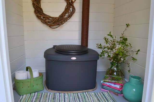 "Biolan Composting ECO Toilet in a cozy bathroom setting with decorative accents and natural light"