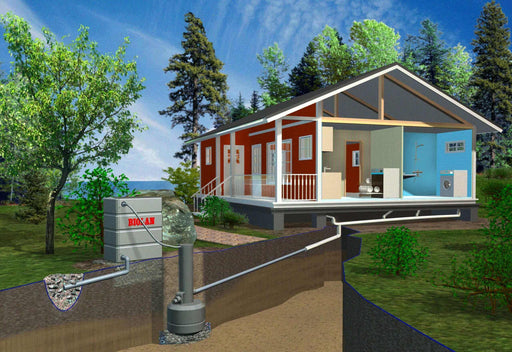 Biolan Greywater Filter System installation diagram next to a house in a forest setting, illustrating eco-friendly water treatment.