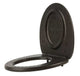 Black Biolan Hinged Insulated Toilet Seat with lid, made of polypropylene foam for warmth, fits various bolt hole patterns.