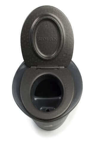 Biolan Simplett urine-separating toilet with charcoal finish from Cabin Depot, eco-friendly, works without water or power, top view.