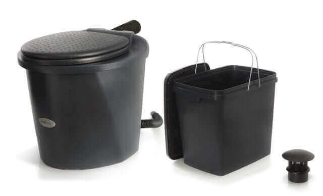 Biolan Simplett Toilet, charcoal color, ecological urine-separating toilet available at Cabin Depot, no power or water needed.