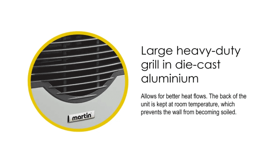 Close-up of Martin direct vent gas heater grill, featuring die-cast aluminum for enhanced heat flow. Available at Cabin Depot.