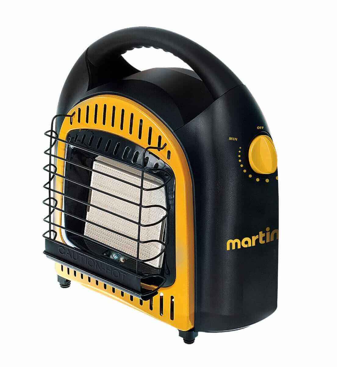 Martin 10,000 BTU Portable Propane Heater, ideal for camping. Available at Cabin Depot. Features safety shut-off and automatic lighting.