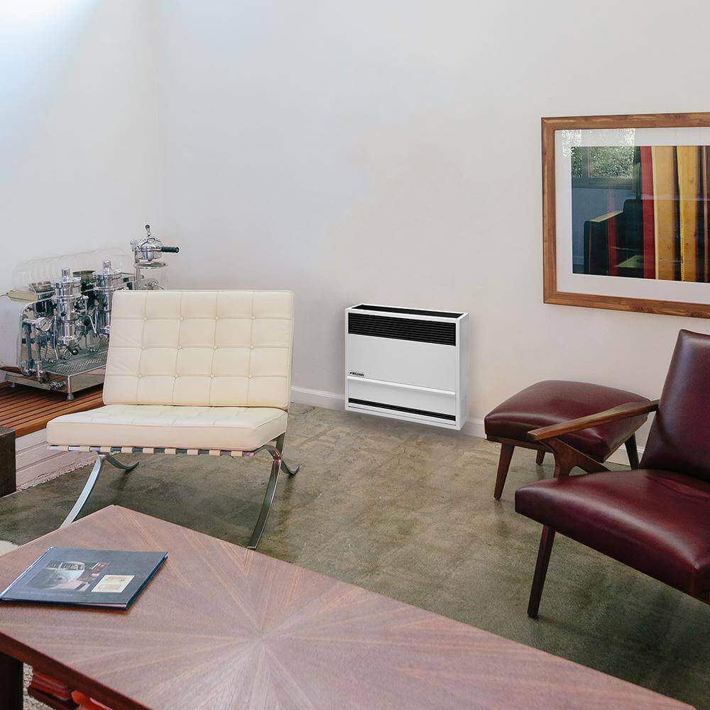 Sleek Williams 22,000 BTU Direct Vent Propane Heater in modern living room at Cabin Depot, providing efficient space-saving heating.