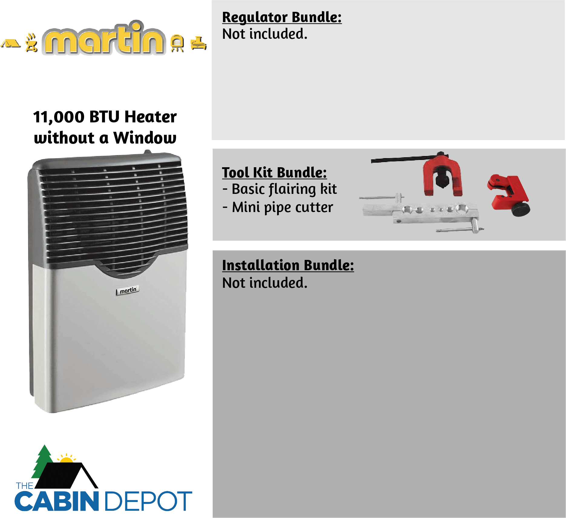 Martin 11,000 BTU Direct Vent Propane Heater - No power needed, ideal for off-grid use - Available at The Cabin Depot.