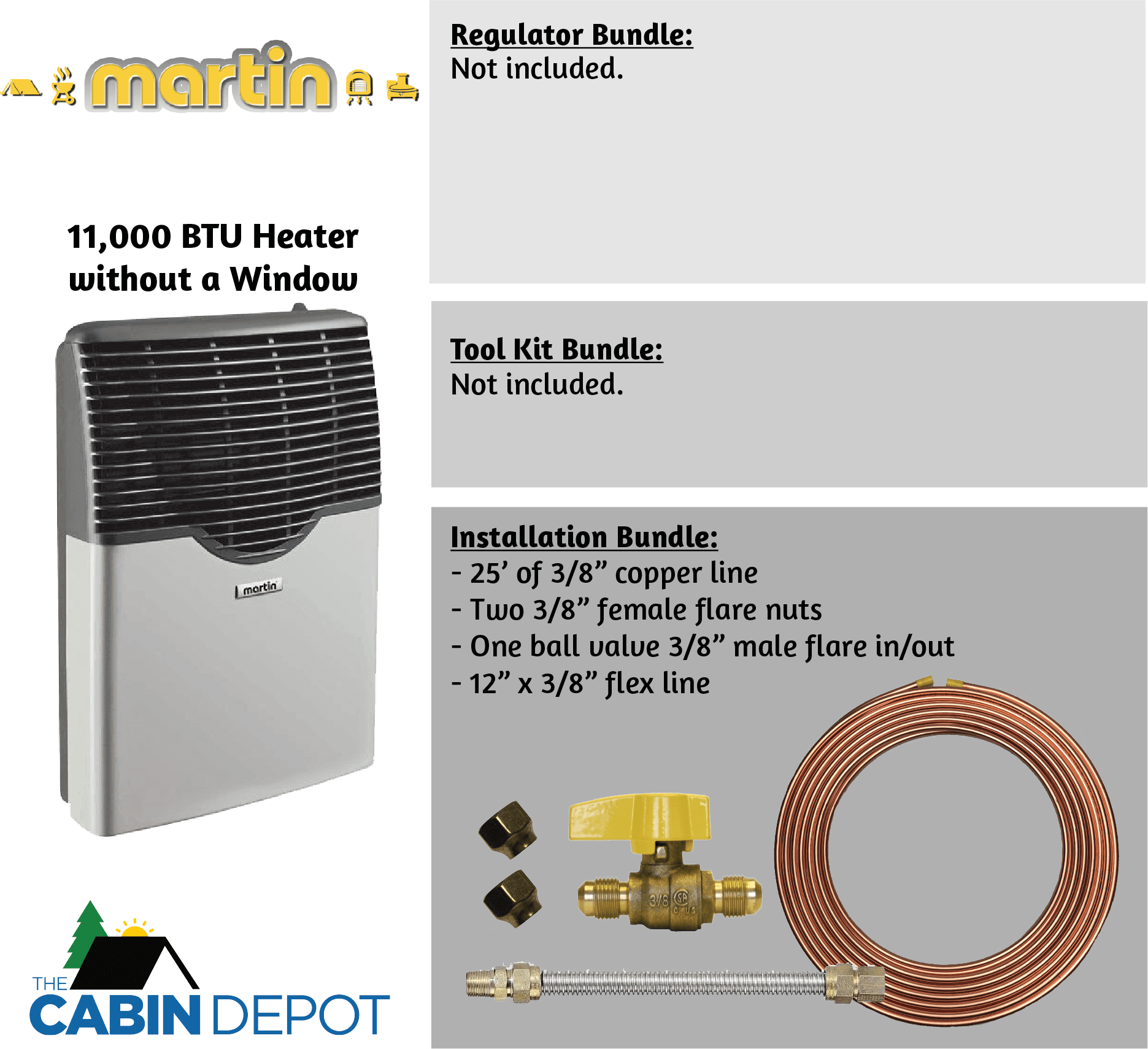 Martin 11,000 BTU Direct Vent Propane Heater MDV12P with installation kit. Available at Cabin Depot. Ideal for off-grid use.