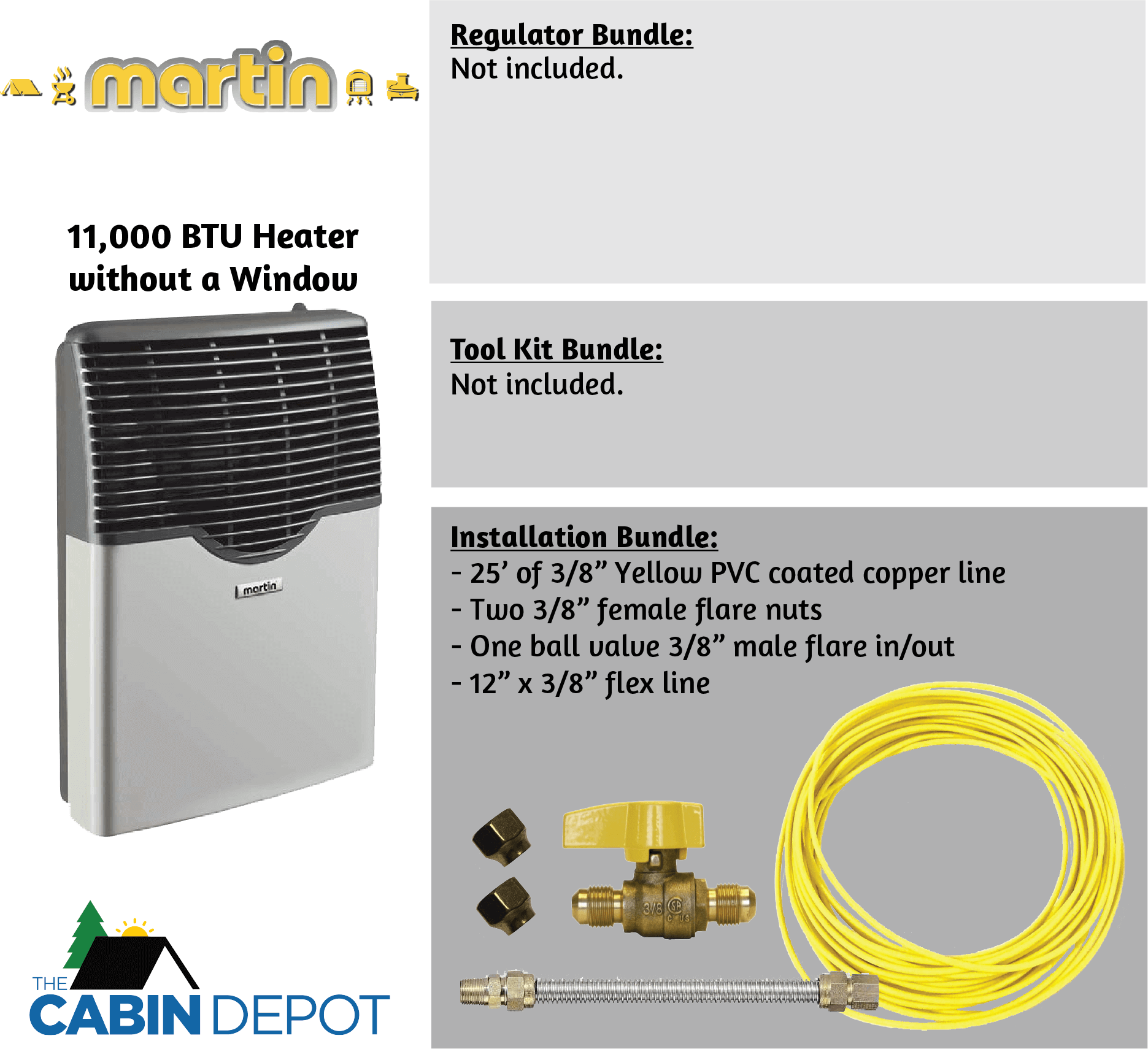 Martin 11,000 BTU direct vent propane heater with installation bundle, available at The Cabin Depot, perfect for off-grid use.
