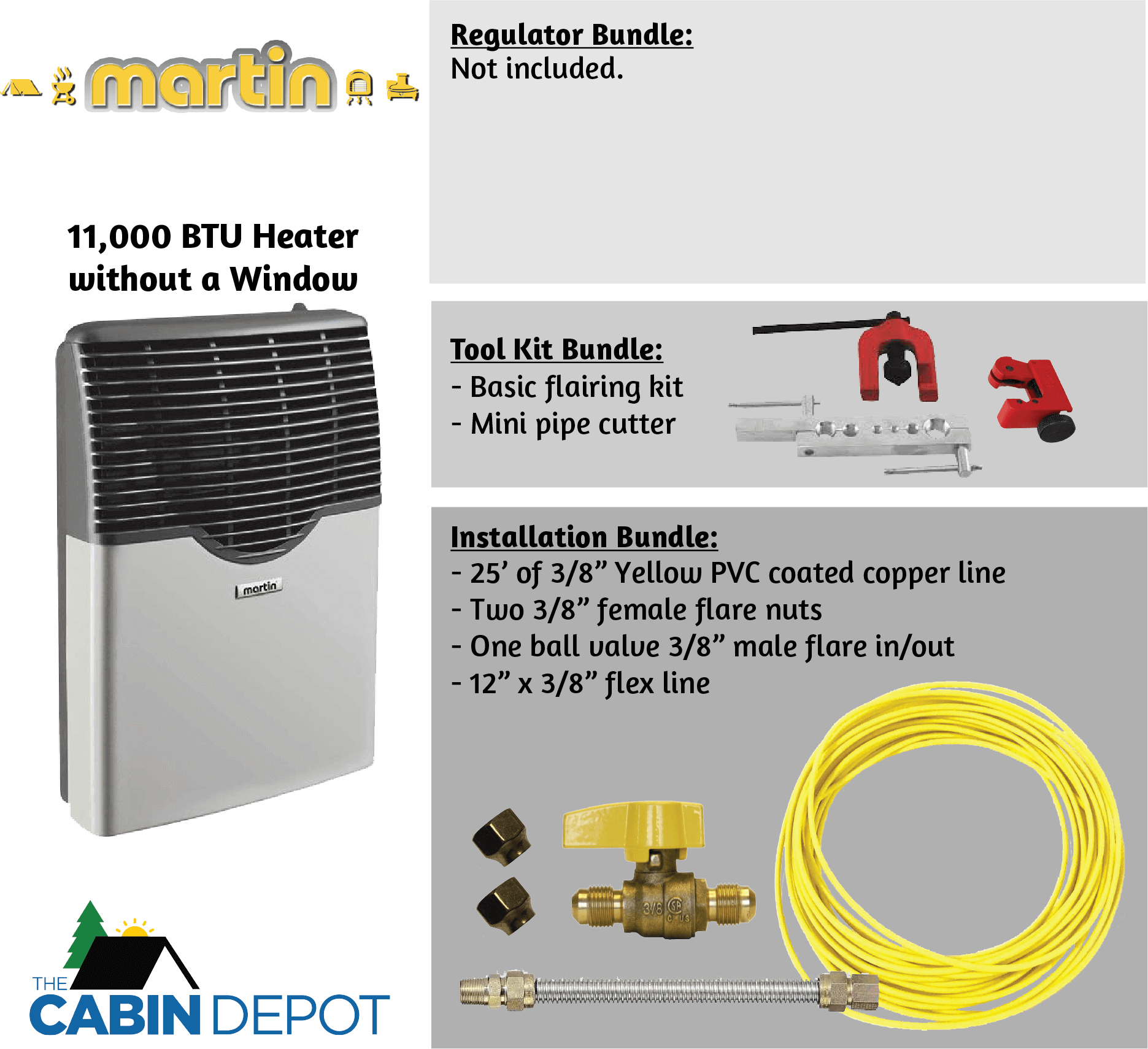 Martin 11,000 BTU Direct Vent Propane Heater bundle with tools and installation kits by Cabin Depot, ideal for off-grid use.