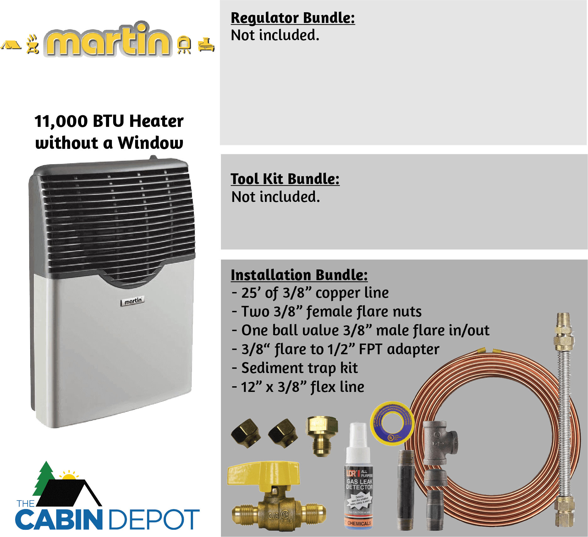 Martin 11,000 BTU Direct Vent Propane Heater with installation accessories, available at The Cabin Depot. Ideal for off-grid heating solutions.