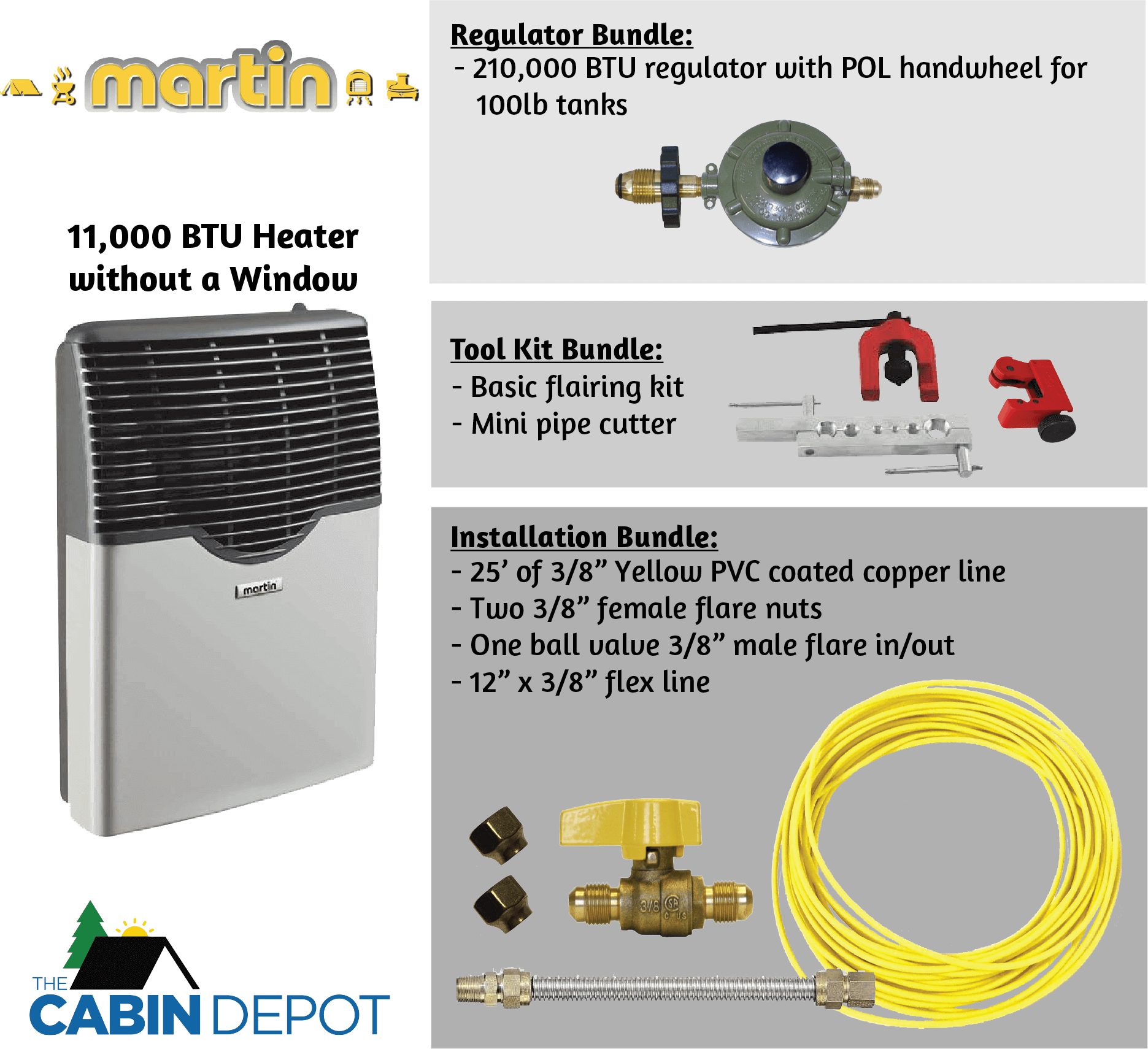 Martin 11,000 BTU propane heater with installation bundle displayed by Cabin Depot.
