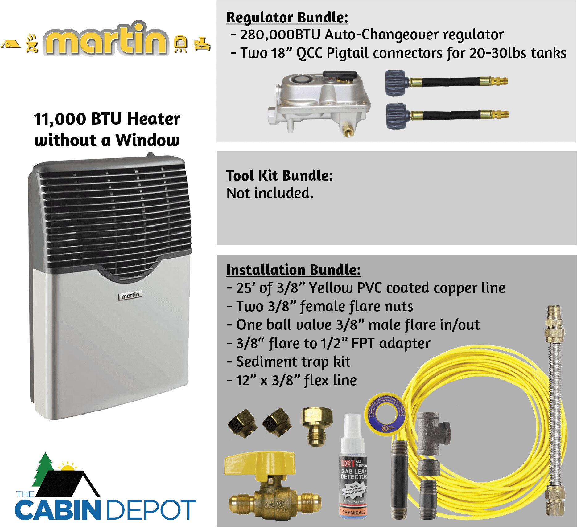 Martin 11,000 BTU Direct Vent Propane Heater from The Cabin Depot with installation bundle and regulator kit.