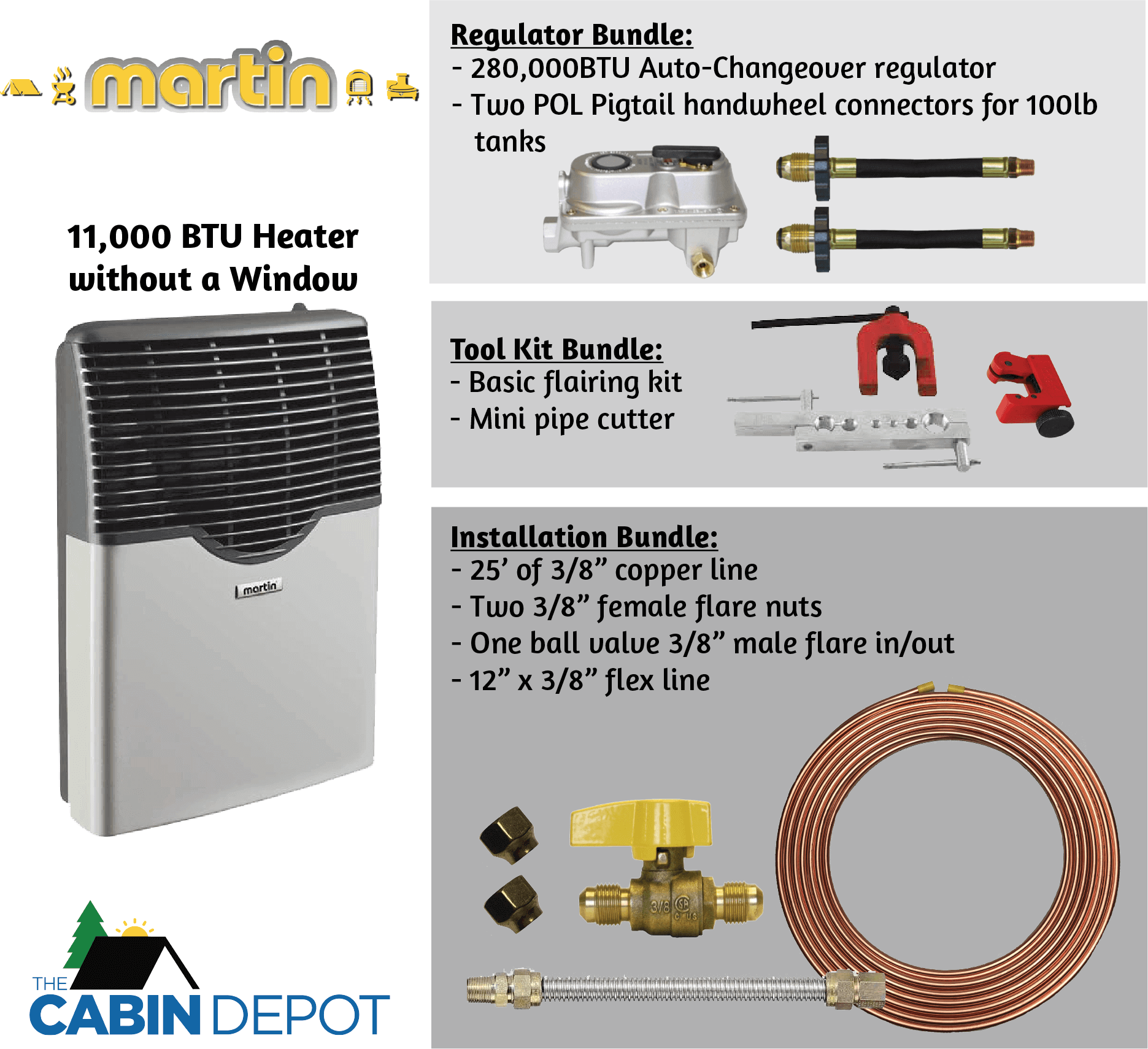 Martin 11,000 BTU Propane Heater with Installation Kit, perfect for off-grid use at Cabin Depot - No electricity needed, CSA Certified.