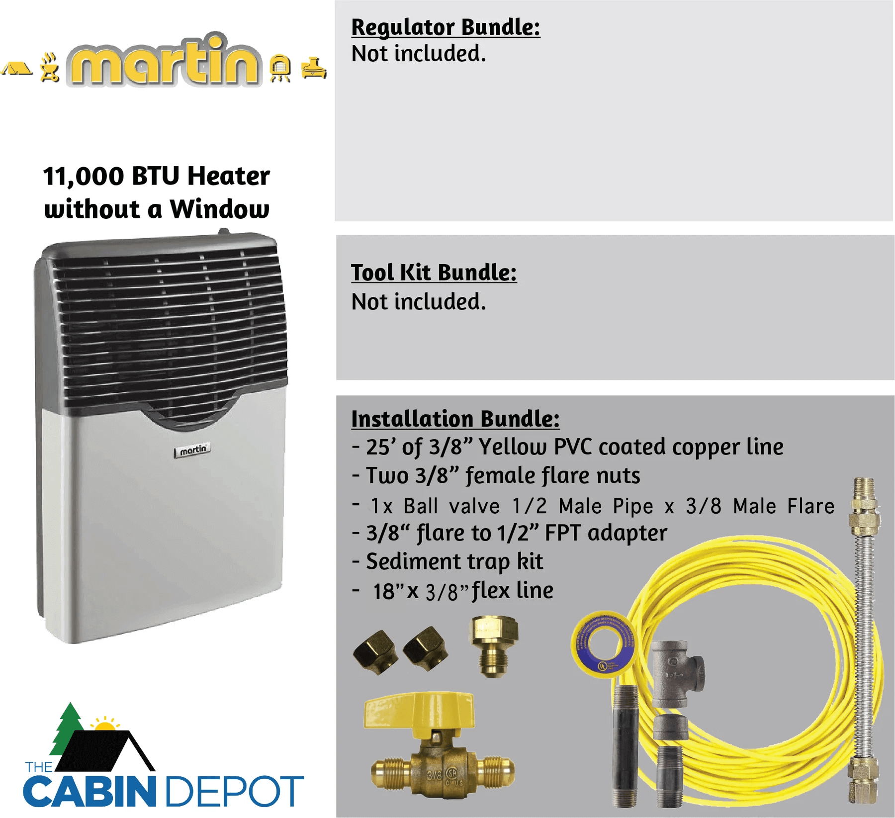 Martin 11,000 BTU Propane Heater Installation Kit, Includes PVC Line, Nuts, and Adapter, Available at Cabin Depot