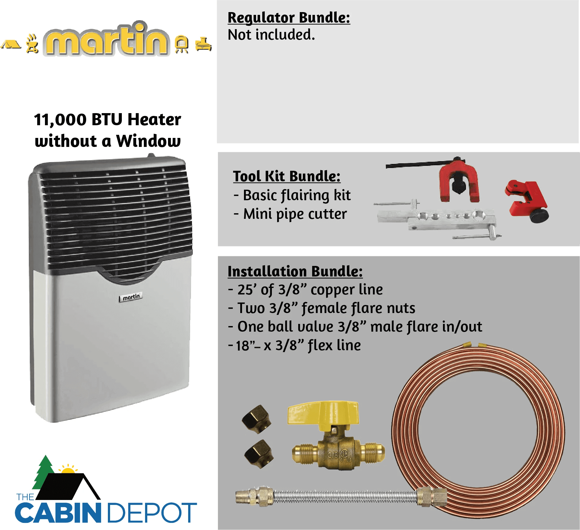 Martin 11,000 BTU Direct Vent Propane Heater with accessories from Cabin Depot, includes installation and tool bundles.