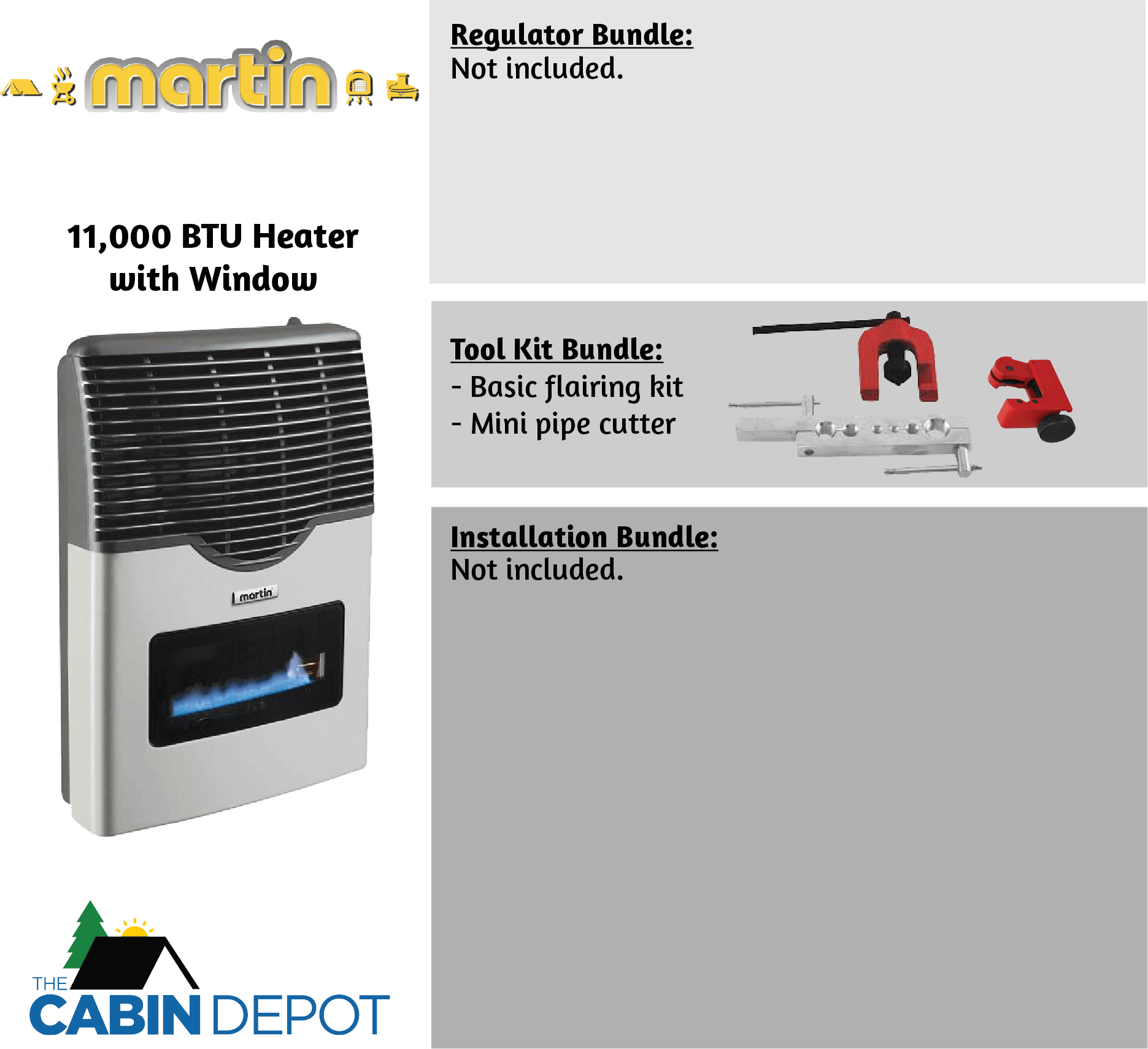 Martin 11,000 BTU Direct Vent Heater, Cabin Depot exclusive, shown with tool kit. Ideal for off-grid cabins. Bundles not included.