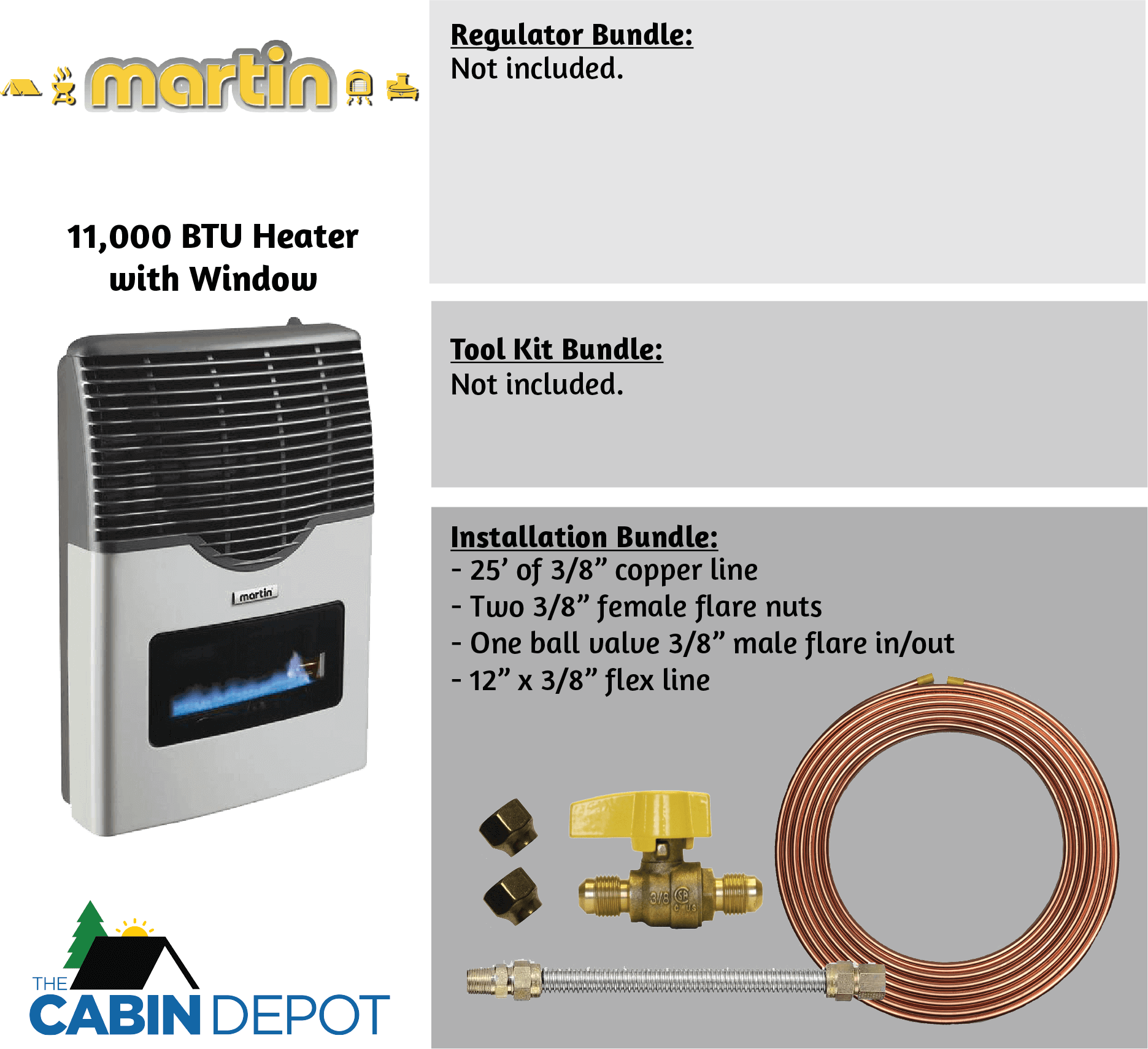Martin 11,000 BTU Direct Vent Propane Heater with window, available at The Cabin Depot, includes installation bundle, perfect for off-grid heating.