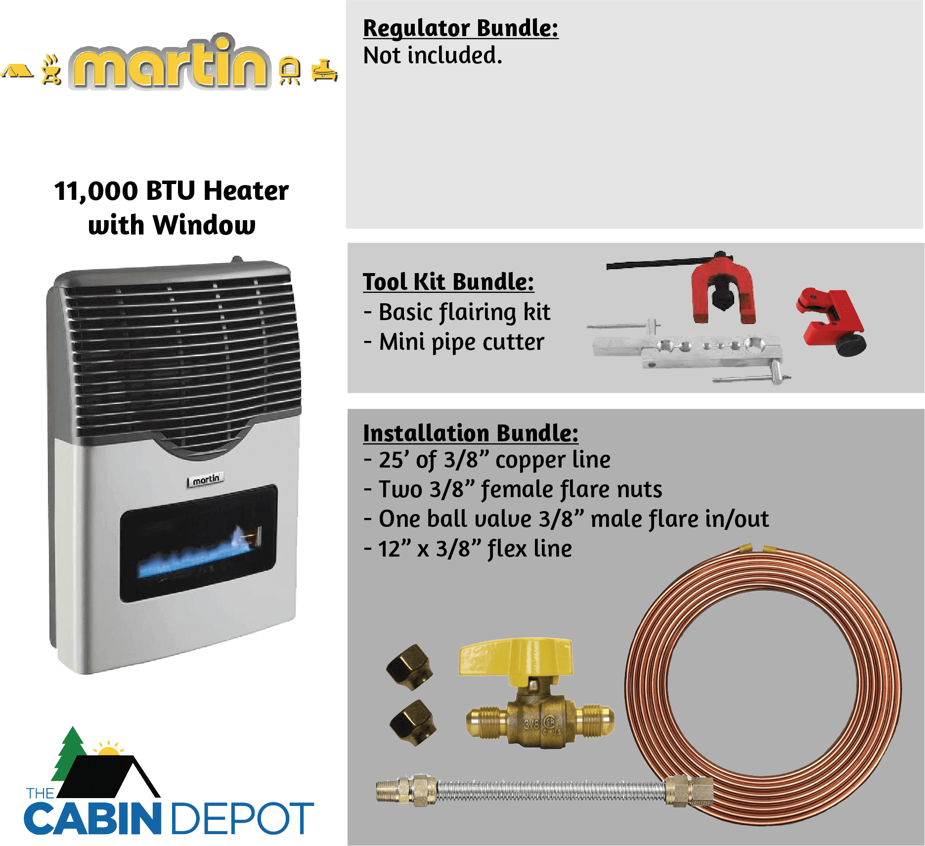 Martin 11,000 BTU Direct Vent Propane Heater with Window, Includes Installation Bundle. Available at The Cabin Depot. CSA Certified.