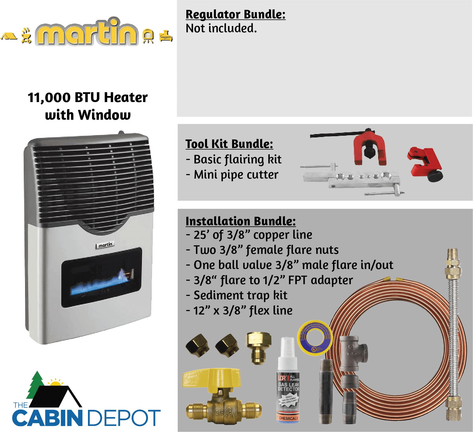Martin 11,000 BTU propane heater with window, toolkit, and installation bundle for off-grid heating from The Cabin Depot.