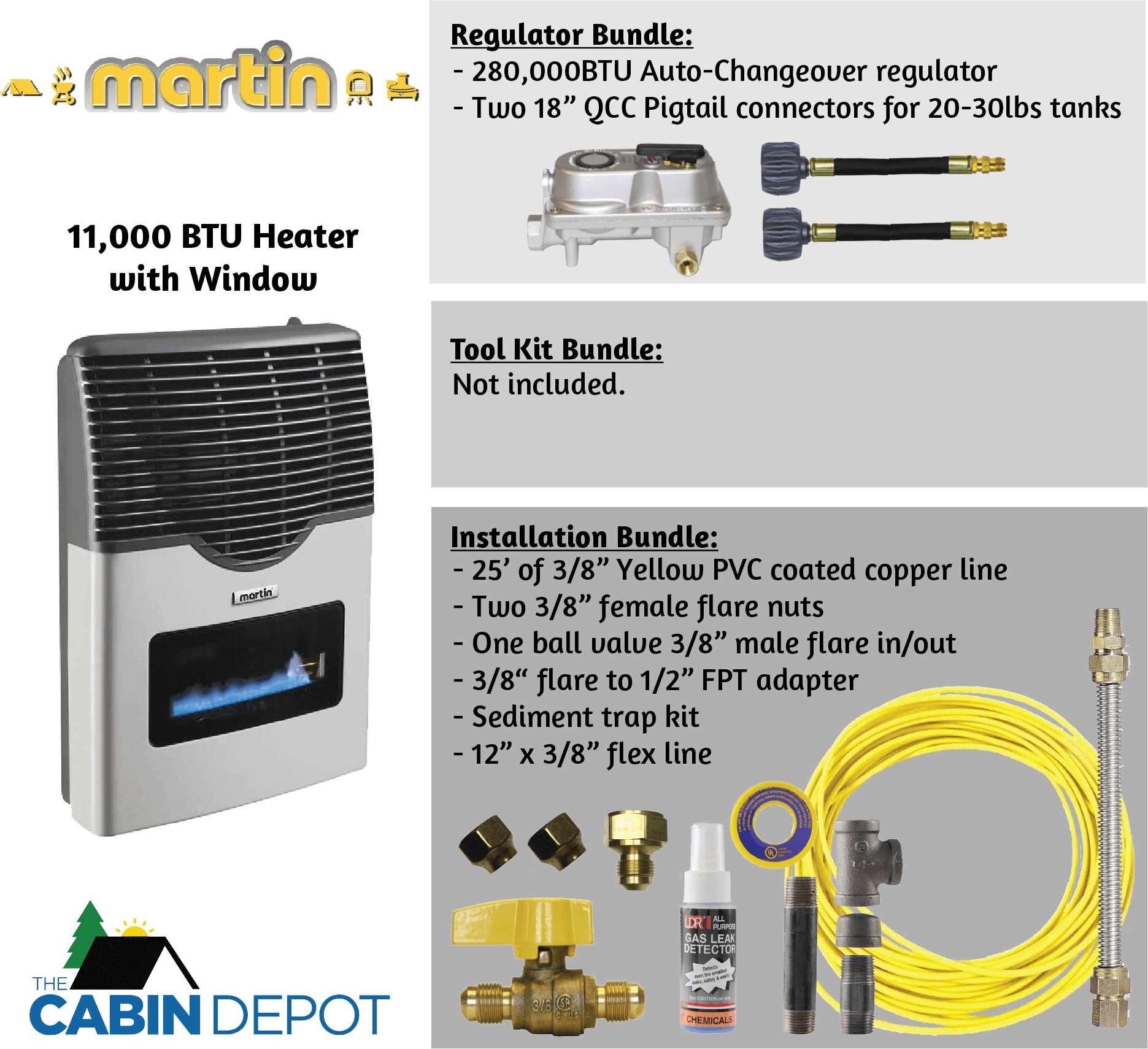 Martin 11,000 BTU Direct Vent Propane Heater with installation and regulator bundles from The Cabin Depot.