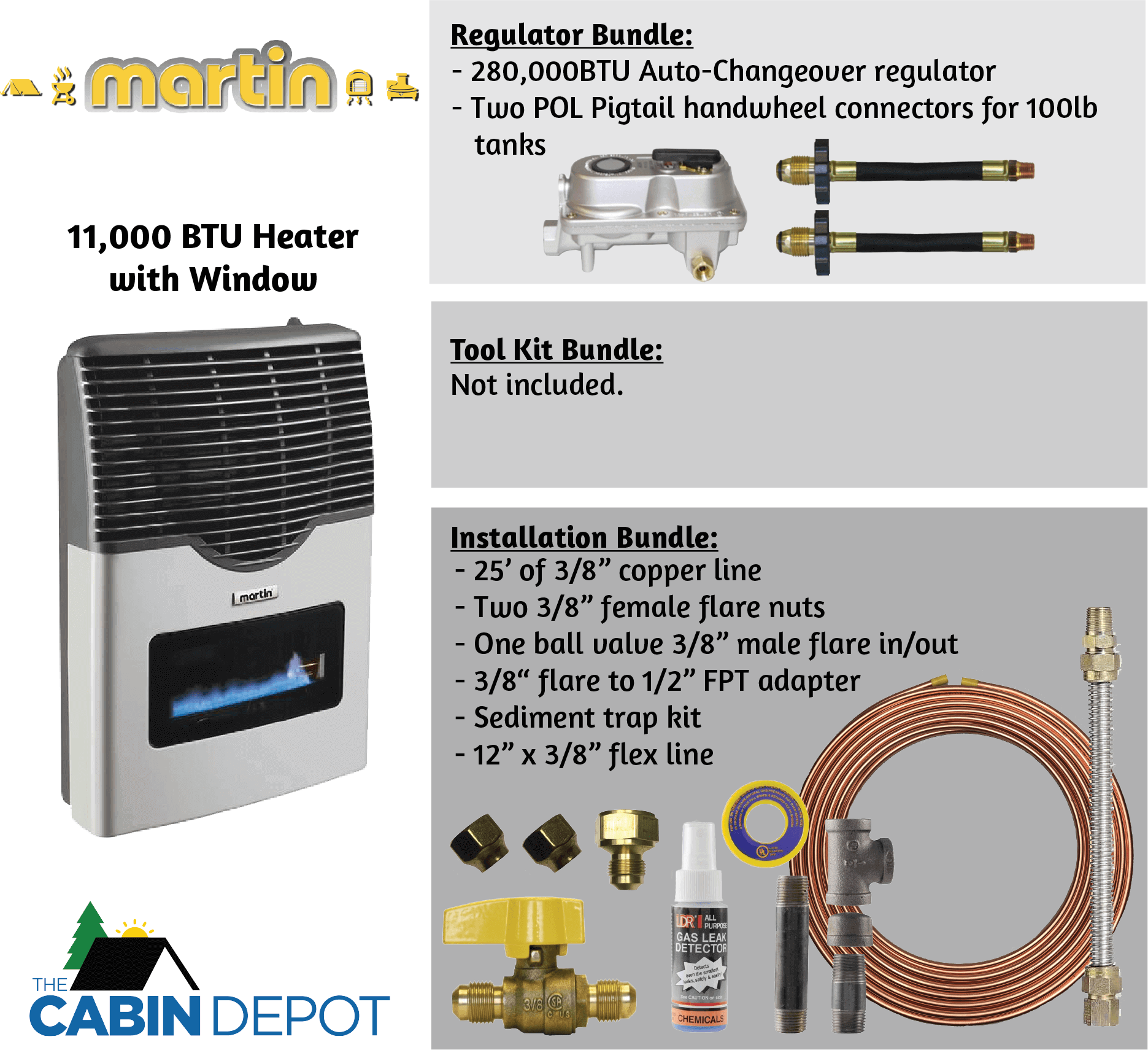 Martin 11,000 BTU Direct Vent Propane Heater with installation kit and regulator bundle from The Cabin Depot.