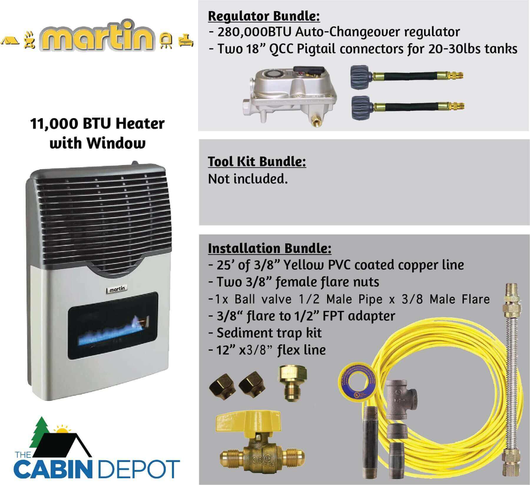 Martin 11,000 BTU Direct Vent Propane Heater with installation kit, showcasing regulator and accessories, available at Cabin Depot.