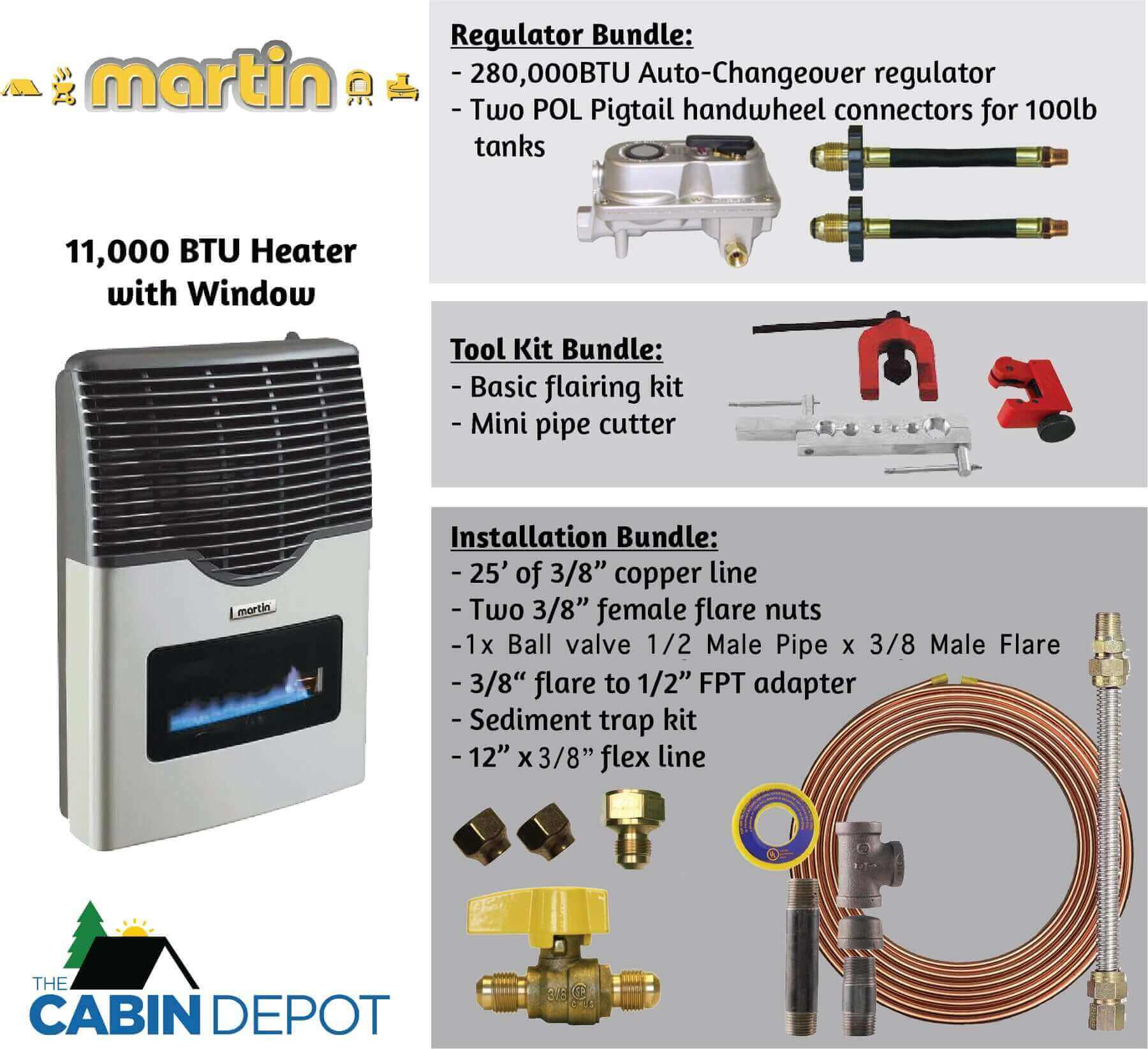 Martin 11,000 BTU Direct Vent Propane Heater package with regulator, installation, and tool bundles from Cabin Depot.