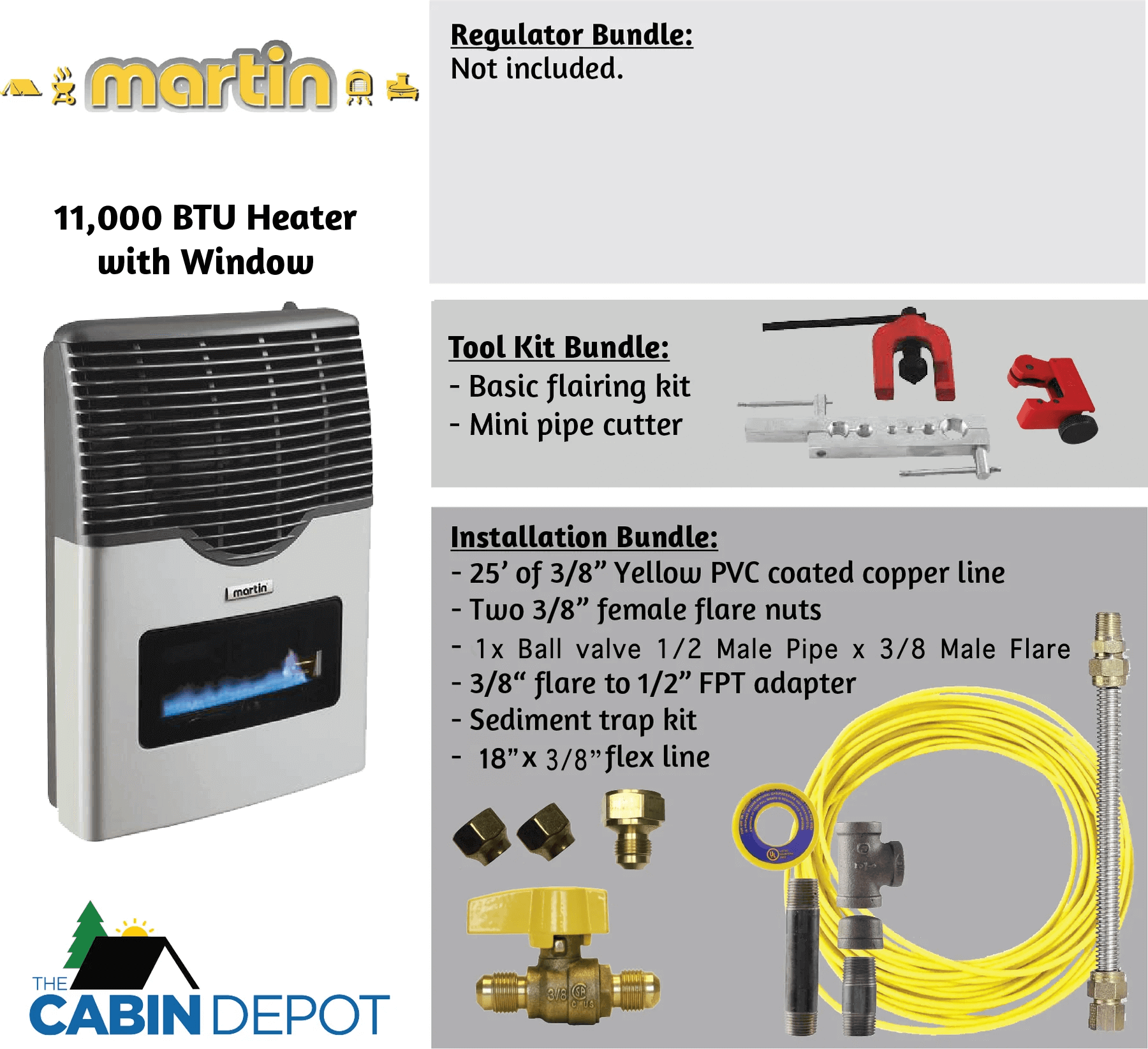 Martin 11,000 BTU Direct Vent Propane Heater with Window at The Cabin Depot. Includes tool kit and installation bundle. Ideal for off-grid use.