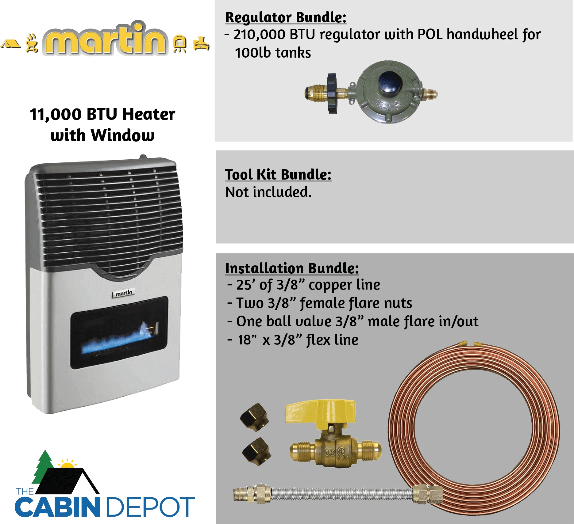 Martin 11,000 BTU Propane Heater with installation kit from Cabin Depot, featuring vent window, regulator and copper lines for easy setup.