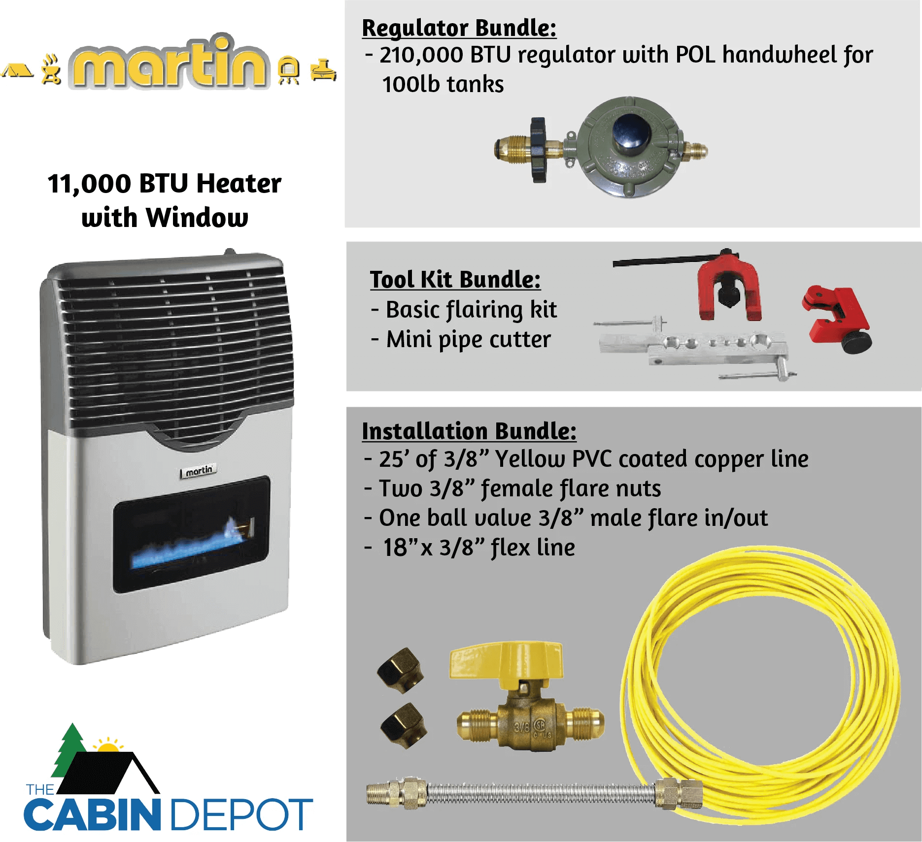 Martin 11,000 BTU Direct Vent Propane Heater with accessories, The Cabin Depot promotion, regulator, tool, and installation bundles.