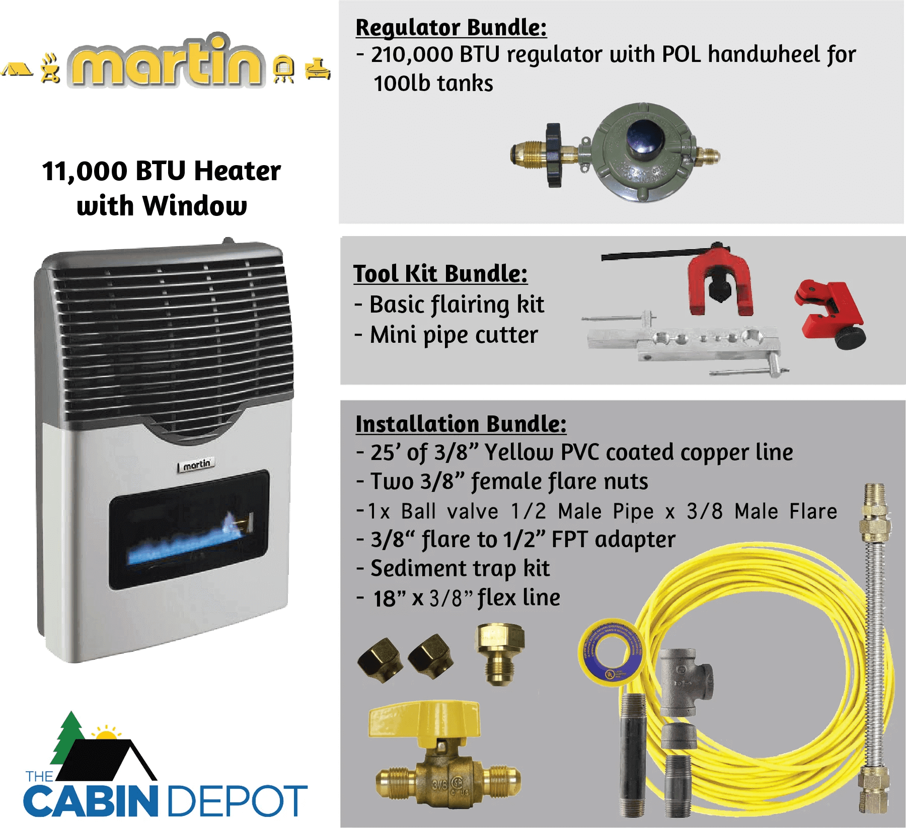 Martin 11,000 BTU Direct Vent Propane Heater package at The Cabin Depot with regulator, toolkit, and installation bundle.