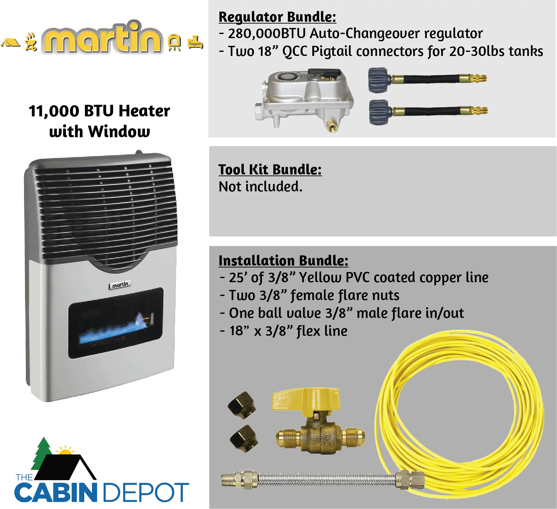 Martin 11,000 BTU Direct Vent Heater with window and installation bundles available at Cabin Depot.