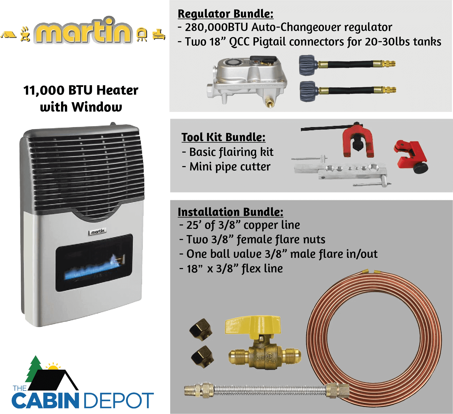 Martin 11,000 BTU Propane Heater with bundles from The Cabin Depot, featuring regulator, toolkit, and installation accessories.