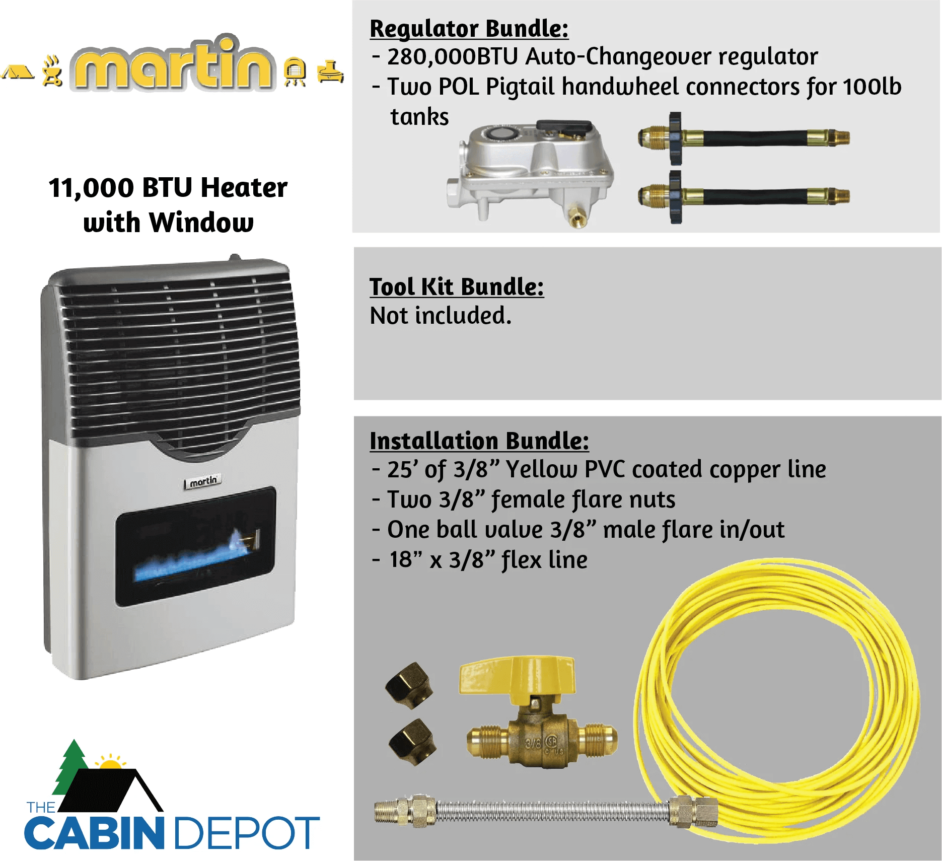 Martin 11,000 BTU Direct Vent Propane Heater with window and installation bundle from Cabin Depot.