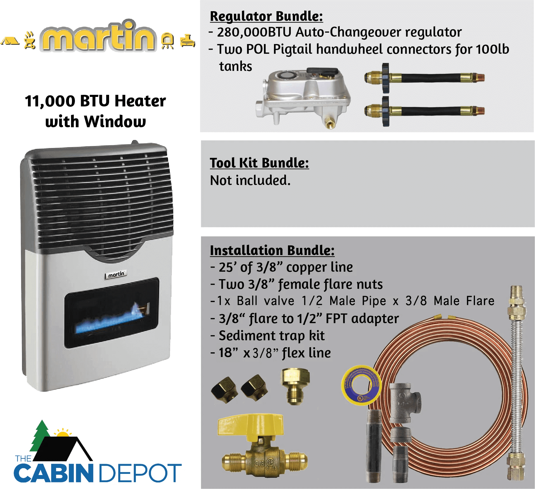 Martin 11,000 BTU Direct Vent Propane Heater with Window, Installation Kits; Available at The Cabin Depot, Ideal for Off-Grid Use.