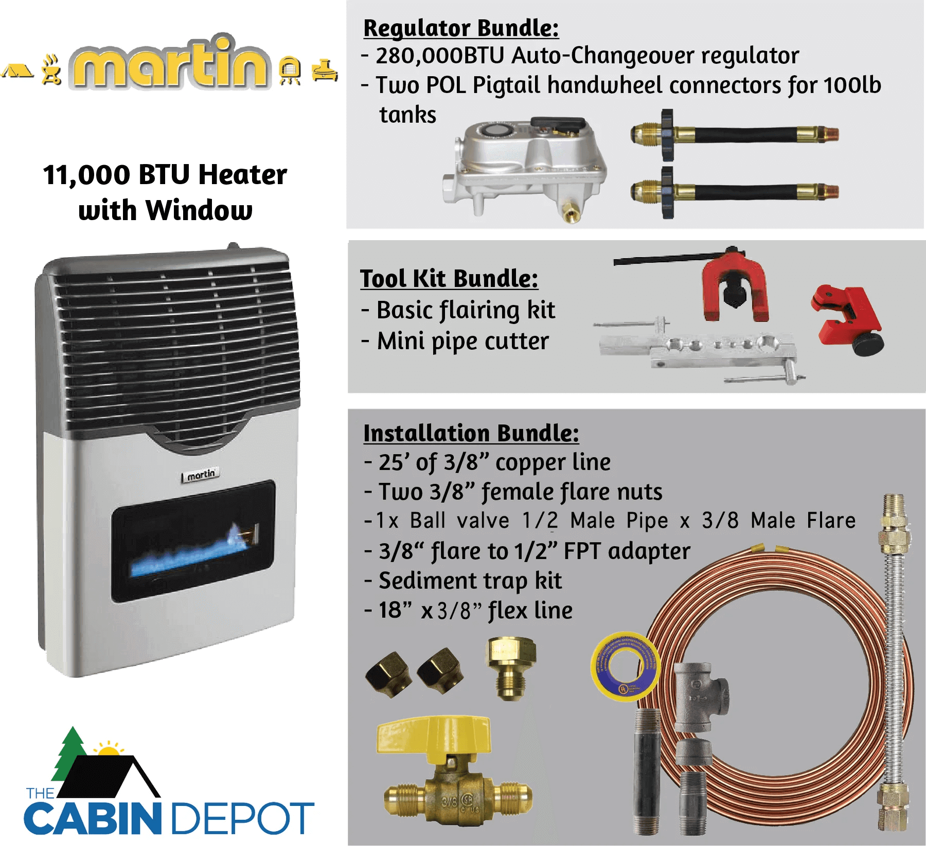 Martin 11,000 BTU Direct Vent Propane Heater with accessories, ideal for off-grid use, available at The Cabin Depot.
