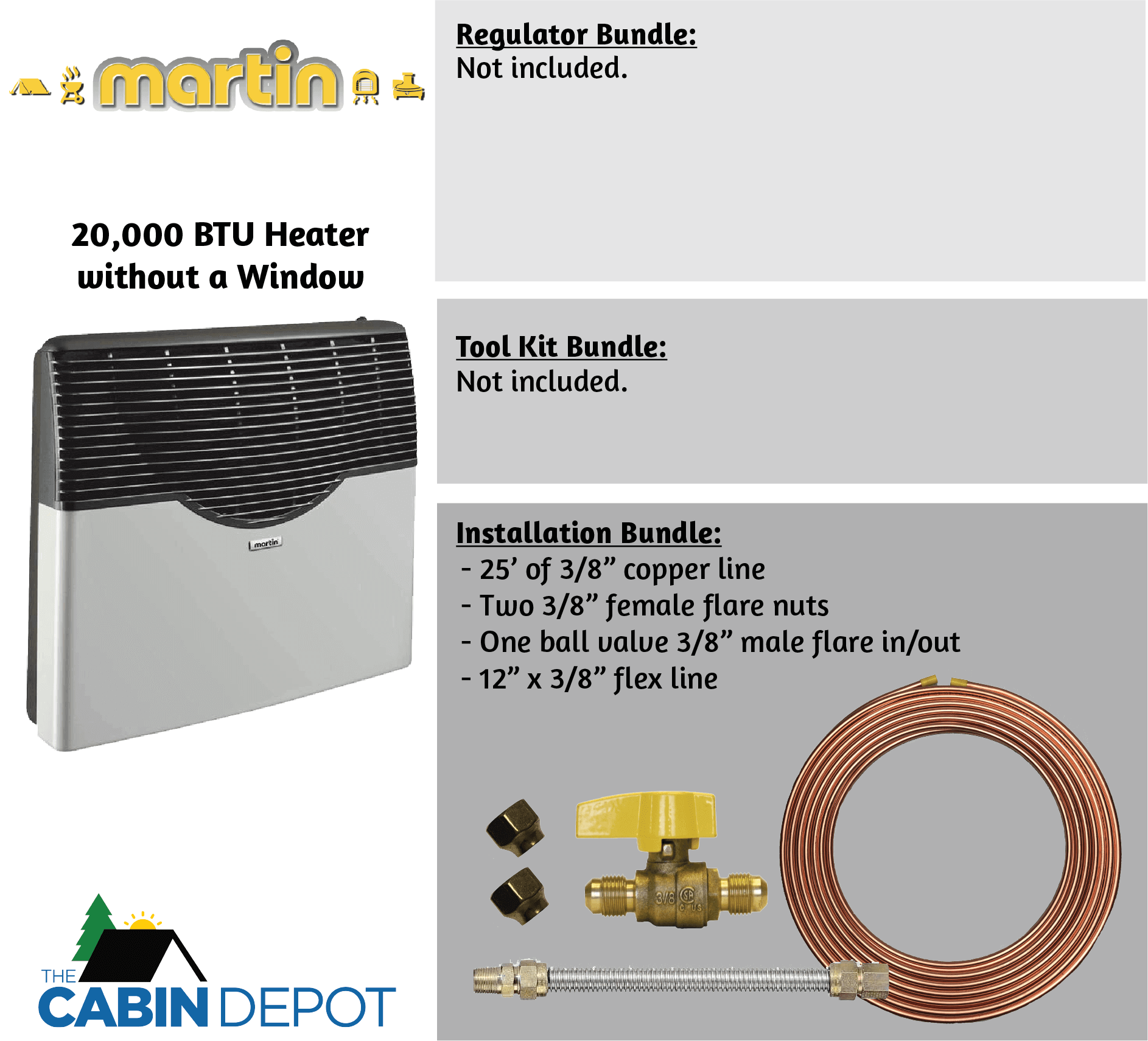 Martin 20,000 BTU Direct Vent Heater with Installation Bundle, sold by Cabin Depot, ideal for off-grid use. No window included.