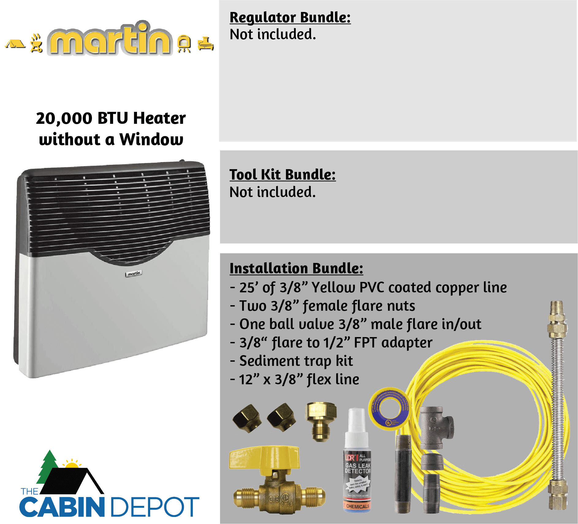 Martin 20,000 BTU Direct Vent Propane Heater with installation kit, available at The Cabin Depot.