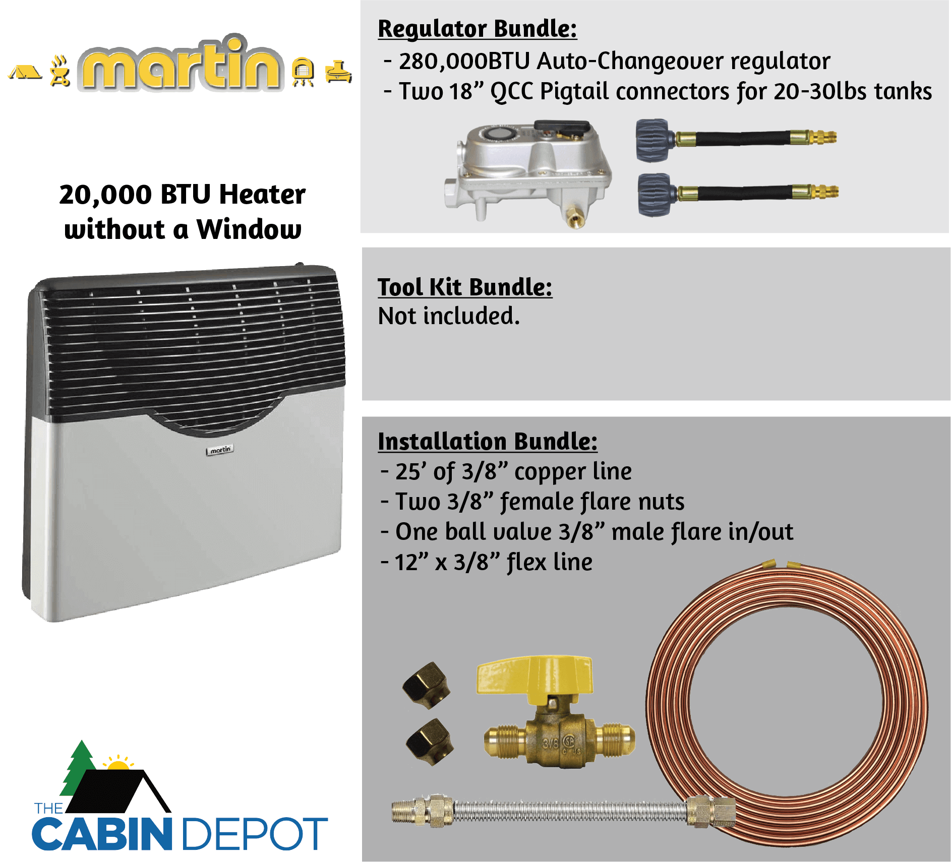 Martin 20,000 BTU Direct Vent Propane Heater without Window, Installation Kit, and Accessories from Cabin Depot