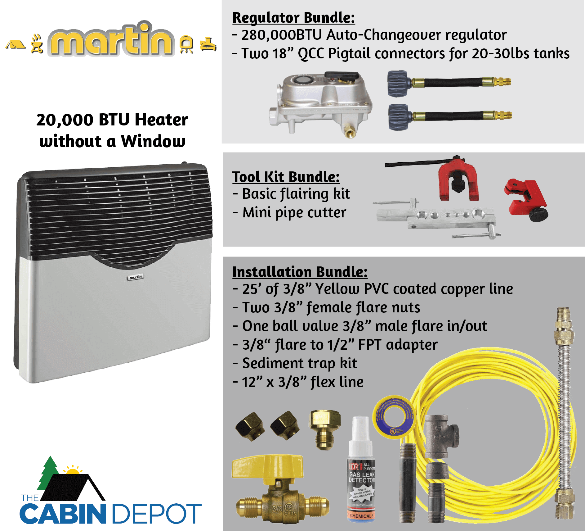 Martin 20,000 BTU Propane Heater Bundle from The Cabin Depot with tools and installation accessories for off-grid use.