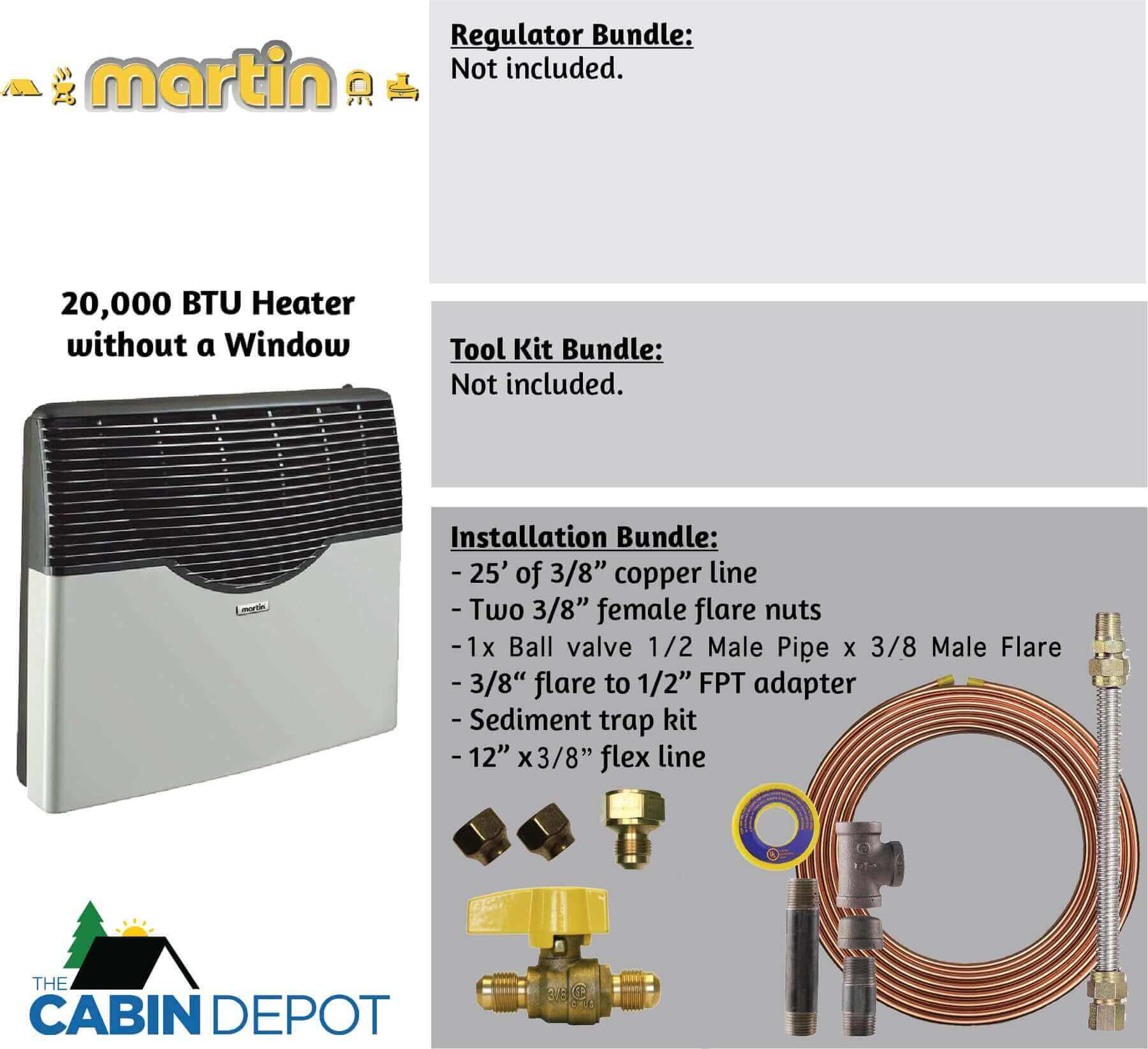 Martin 20,000 BTU Direct Vent Propane Heater, Installation Bundle, The Cabin Depot, no window, off-grid heating solution.