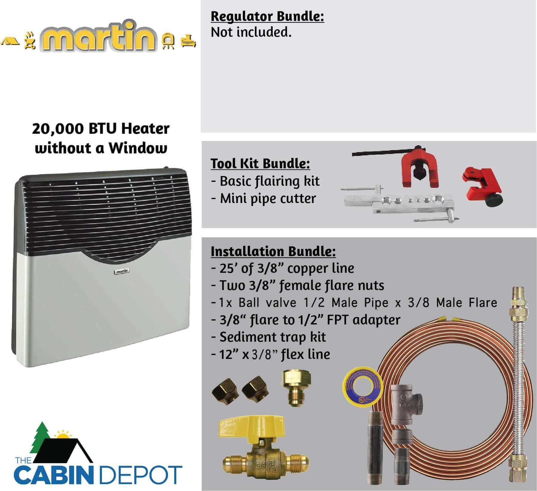 Martin 20,000 BTU direct vent propane heater with installation tools and accessories, available at Cabin Depot