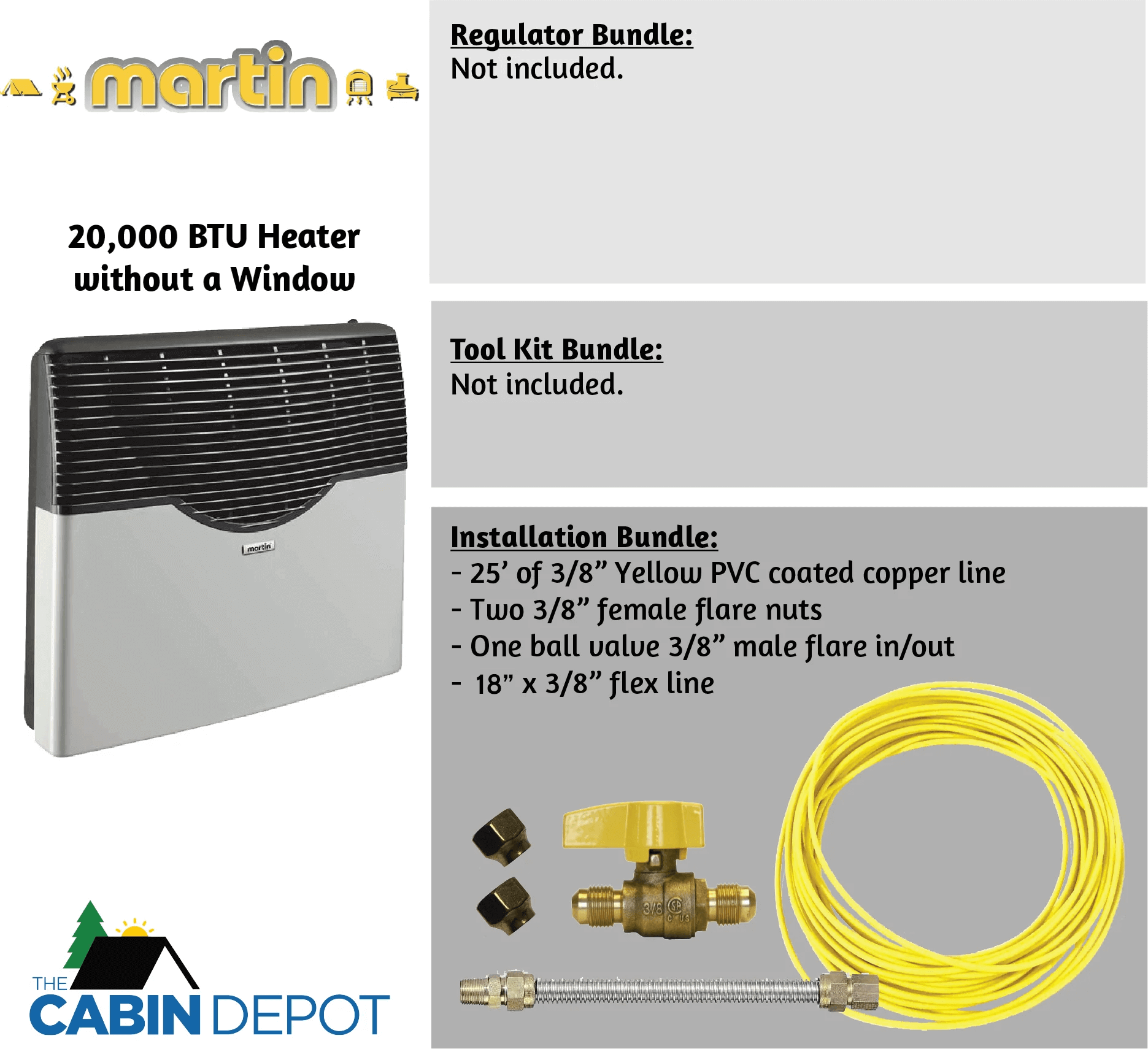 Martin 20,000 BTU Direct Vent Propane Heater without Window, installation bundle included. Available at The Cabin Depot.