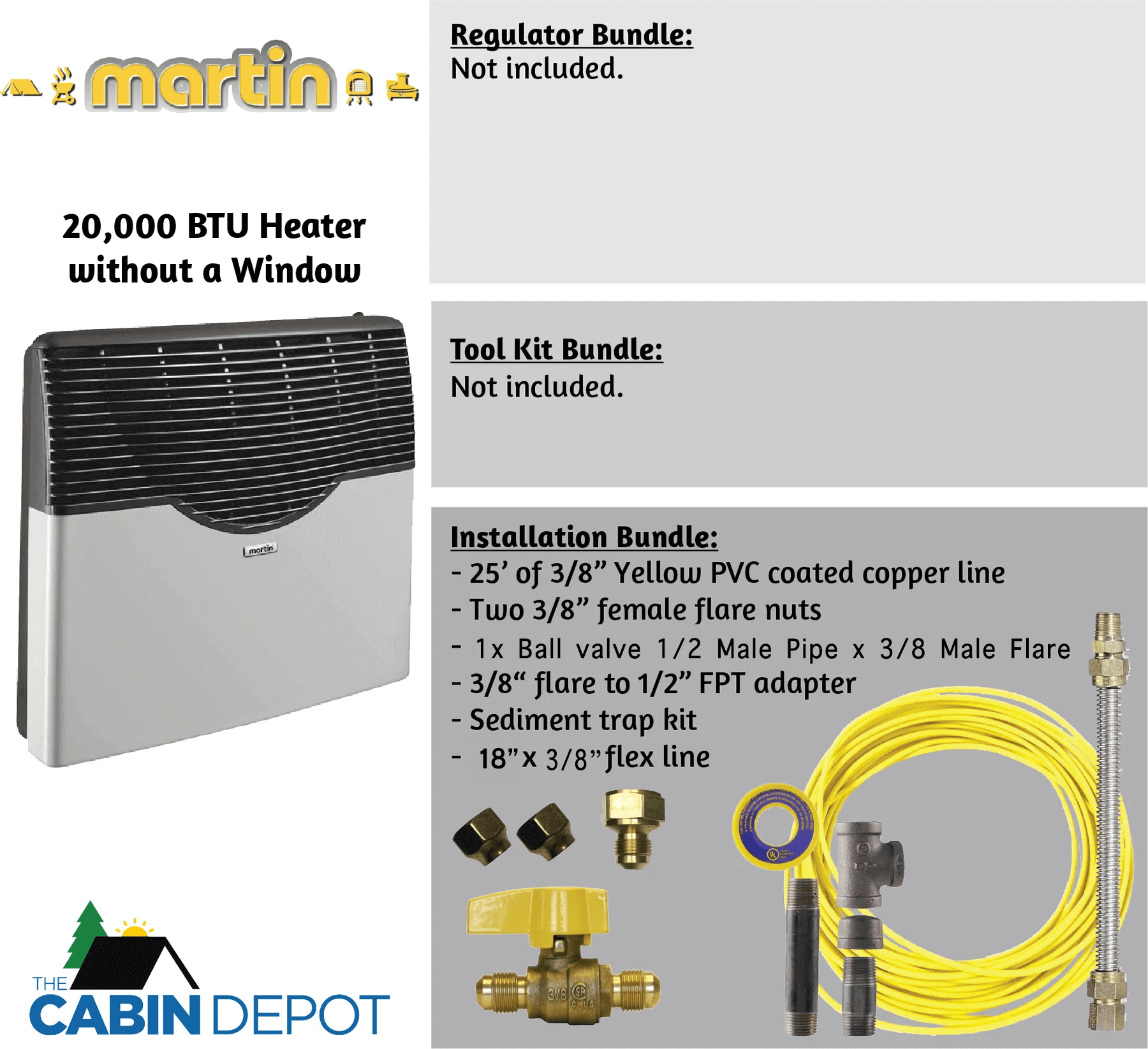 Martin 20,000 BTU Direct Vent Propane Heater without Window - Installation Bundle Details - The Cabin Depot