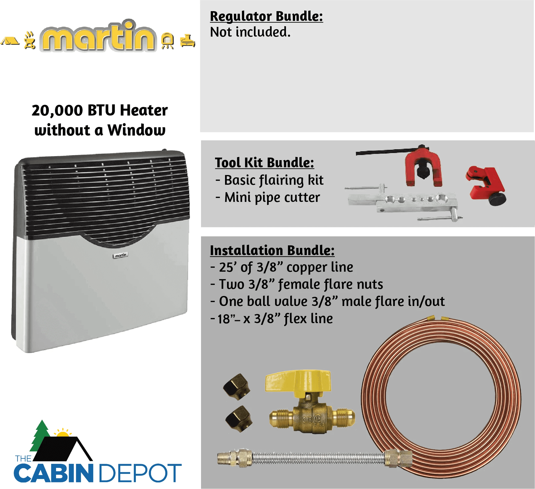 Martin 20,000 BTU Direct Vent Propane Heater MDV20P with installation kit, available at The Cabin Depot. No power required.