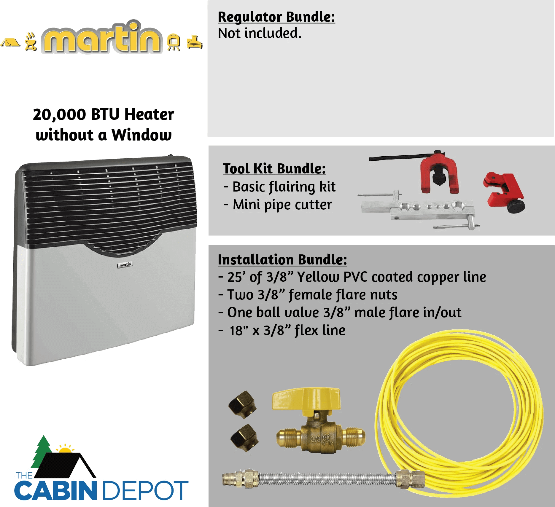 Martin 20,000 BTU Direct Vent Propane Heater with installation tools from Cabin Depot, no window, ideal for off-grid heating.