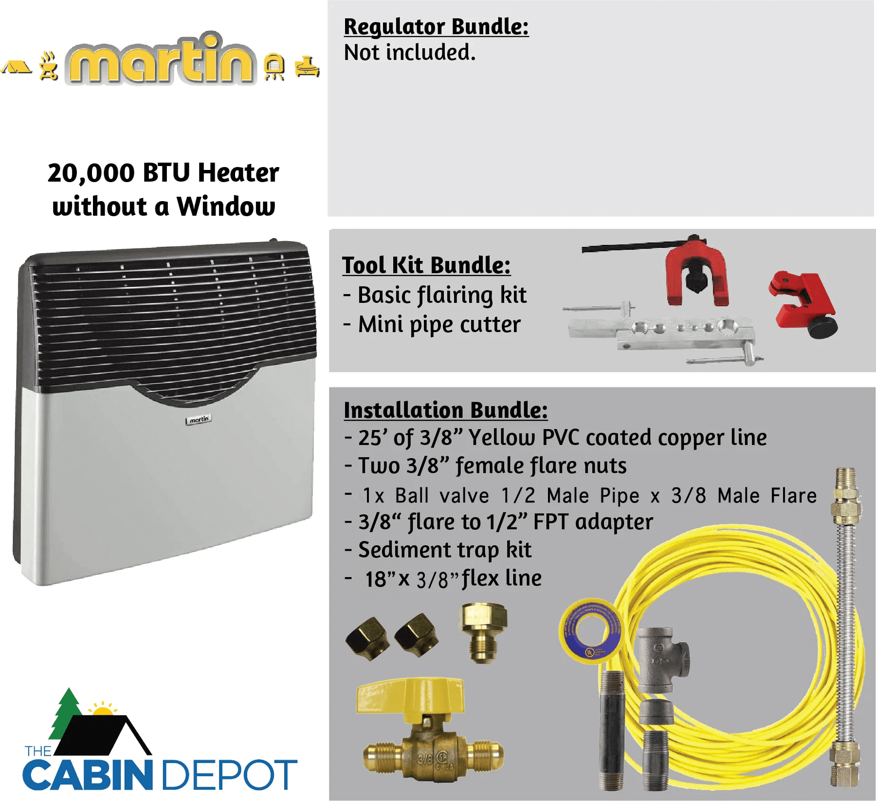 Martin 20,000 BTU Direct Vent Propane Heater and accessories at The Cabin Depot; includes heater, tool kit, and installation bundle.