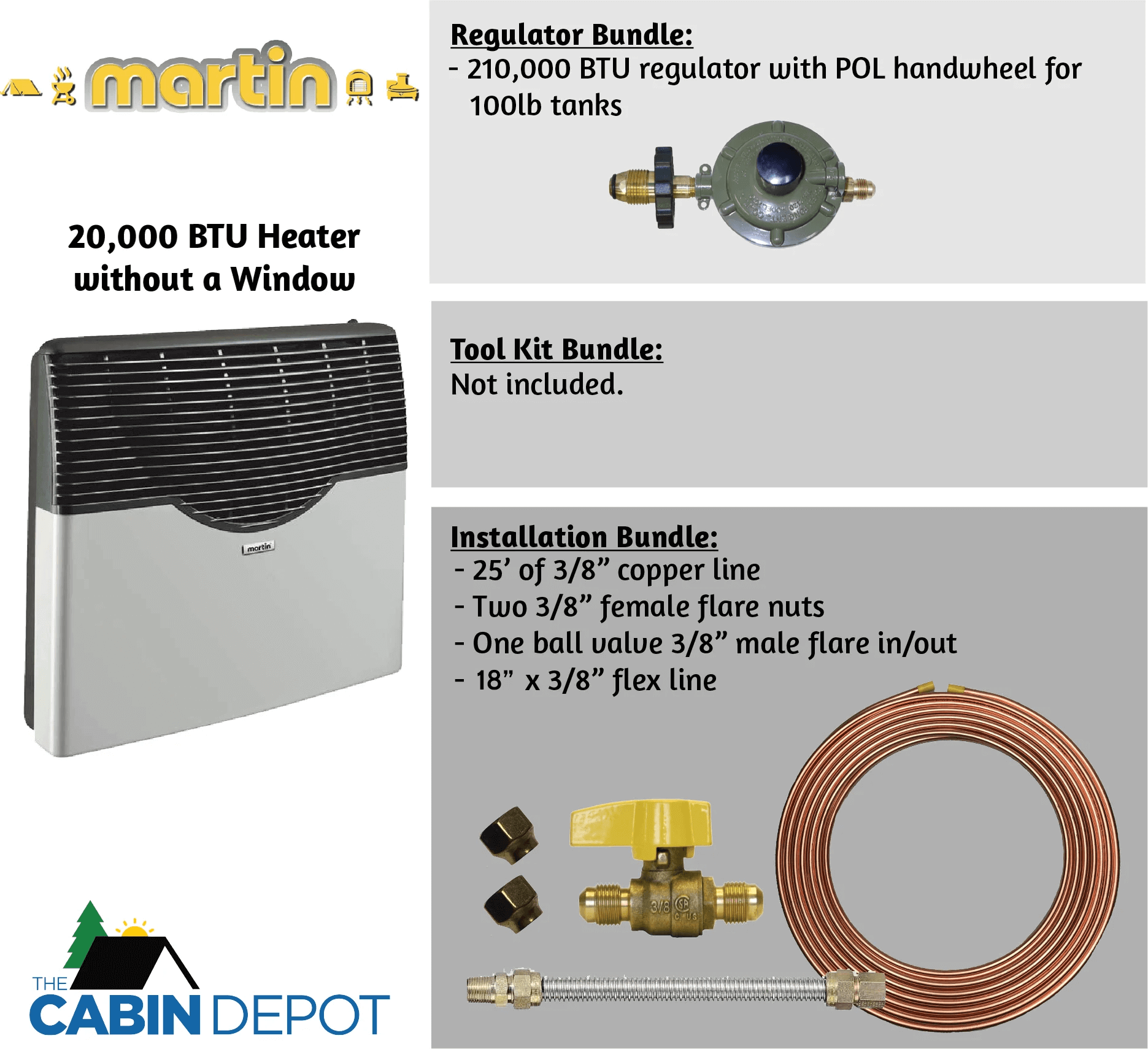 Martin 20,000 BTU Direct Vent Propane Heater without window, regulator and installation bundle at The Cabin Depot.