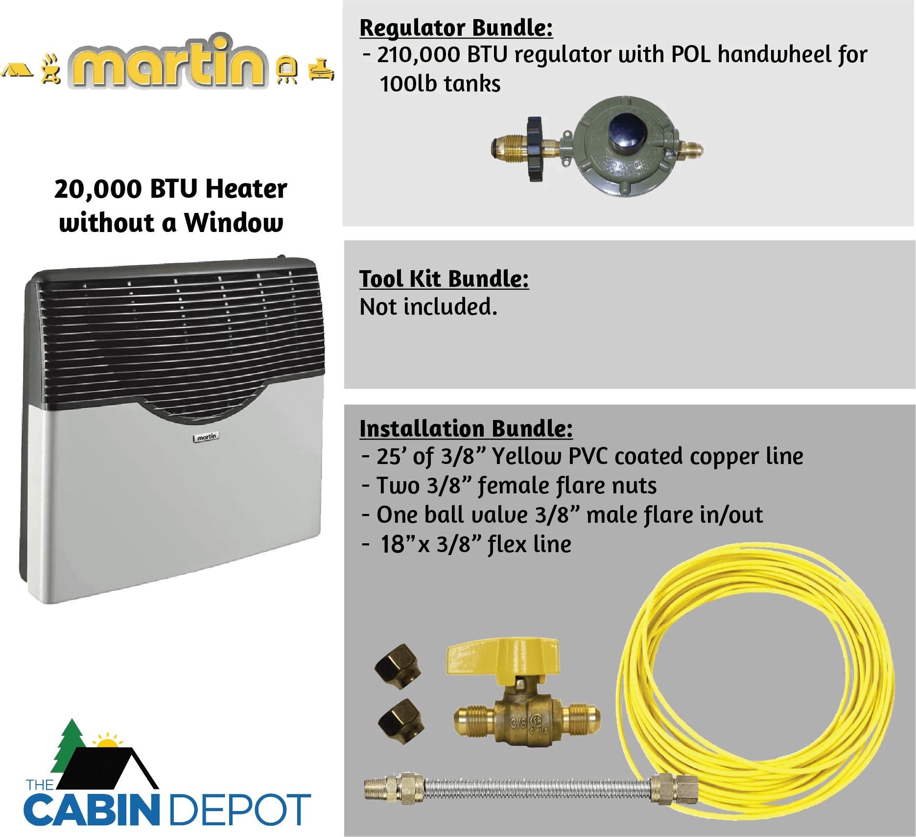 Martin 20,000 BTU Direct Vent Heater, Cabin Depot Exclusive, Regulator and Installation Bundle, No Electricity Needed, Off-Grid Use