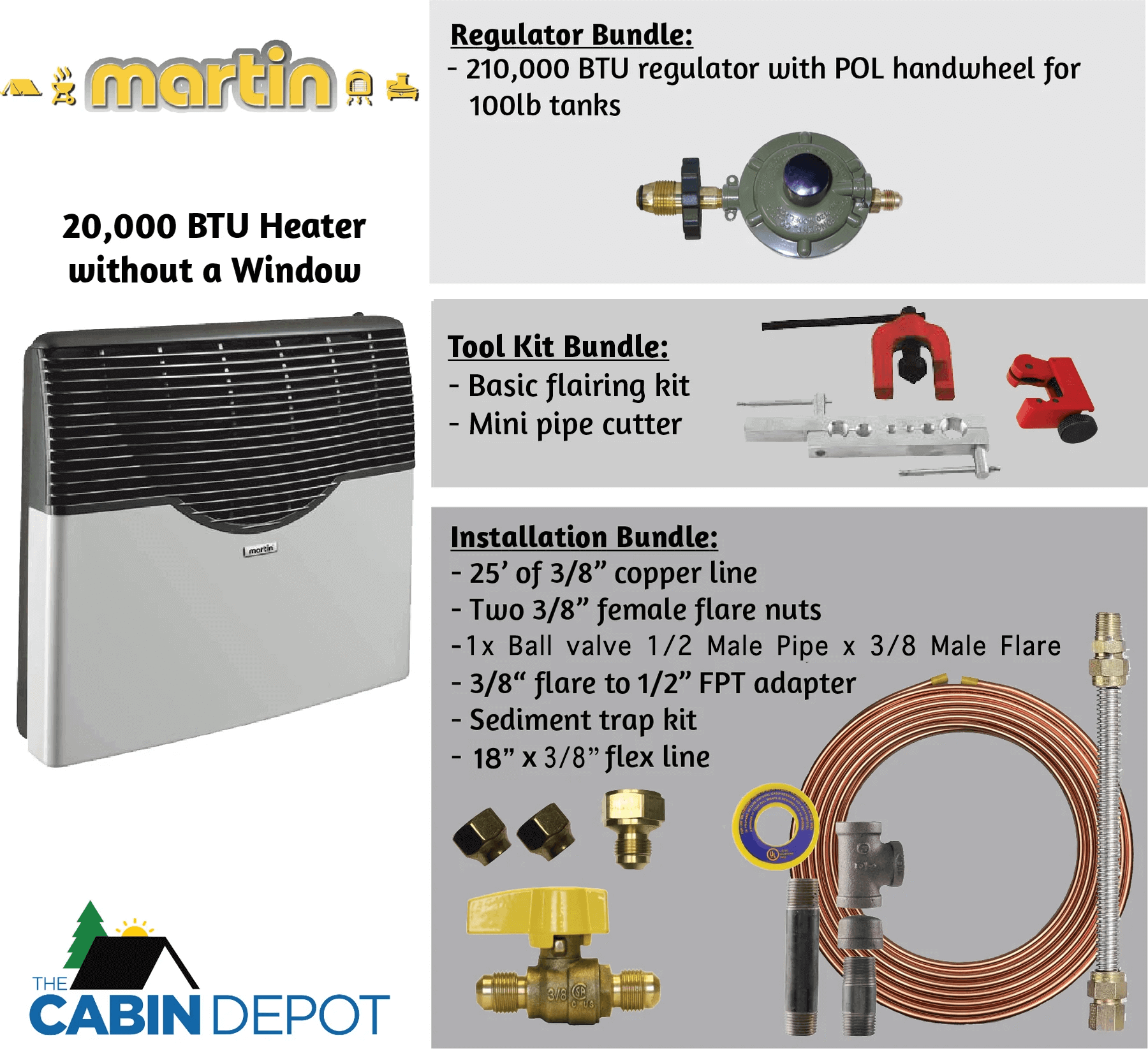 Martin 20,000 BTU Direct Vent Heater Packages from Cabin Depot - Includes regulator, installation, and tool kit bundles.